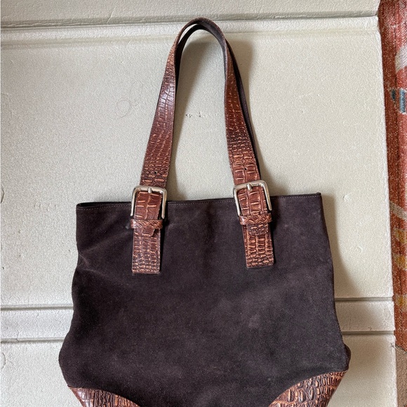 Pulicati Handbags - Pulicati Italia Suede Bucket Bag Brown with Aligator Pattern Straps and Corners